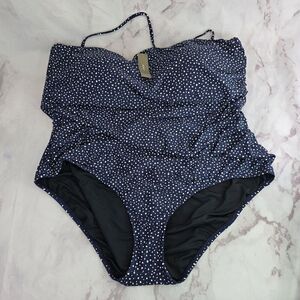 J Crew Swim Blue One Piece Polka Dot Ruched Bandeau Bikini Full Coverage
